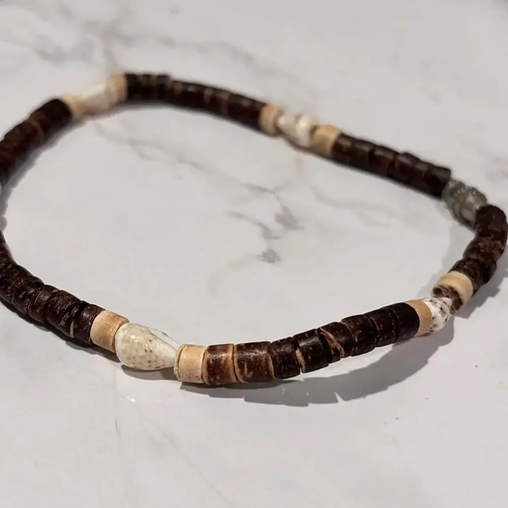 Unisex Surfer Style Brown Coconut Shell and Sea Shell Beaded Choker Necklace